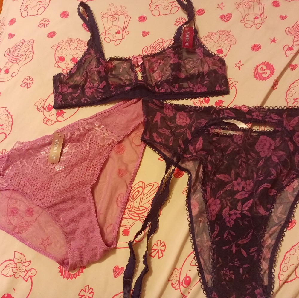 Adore me 3 piece lingerie, bra, panties, garters.